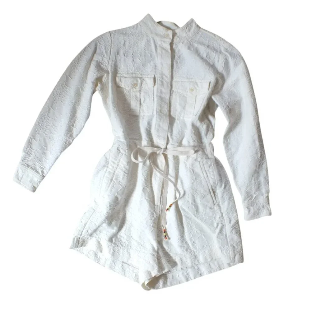 J Crew White/Off White Embroidered Long Sleeve Romper Beaded Drawstring 2
